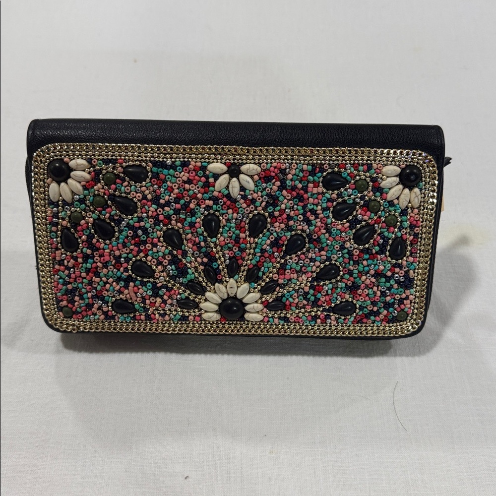 Coco + Carmen Black Wallet with Multicolor Beadwork